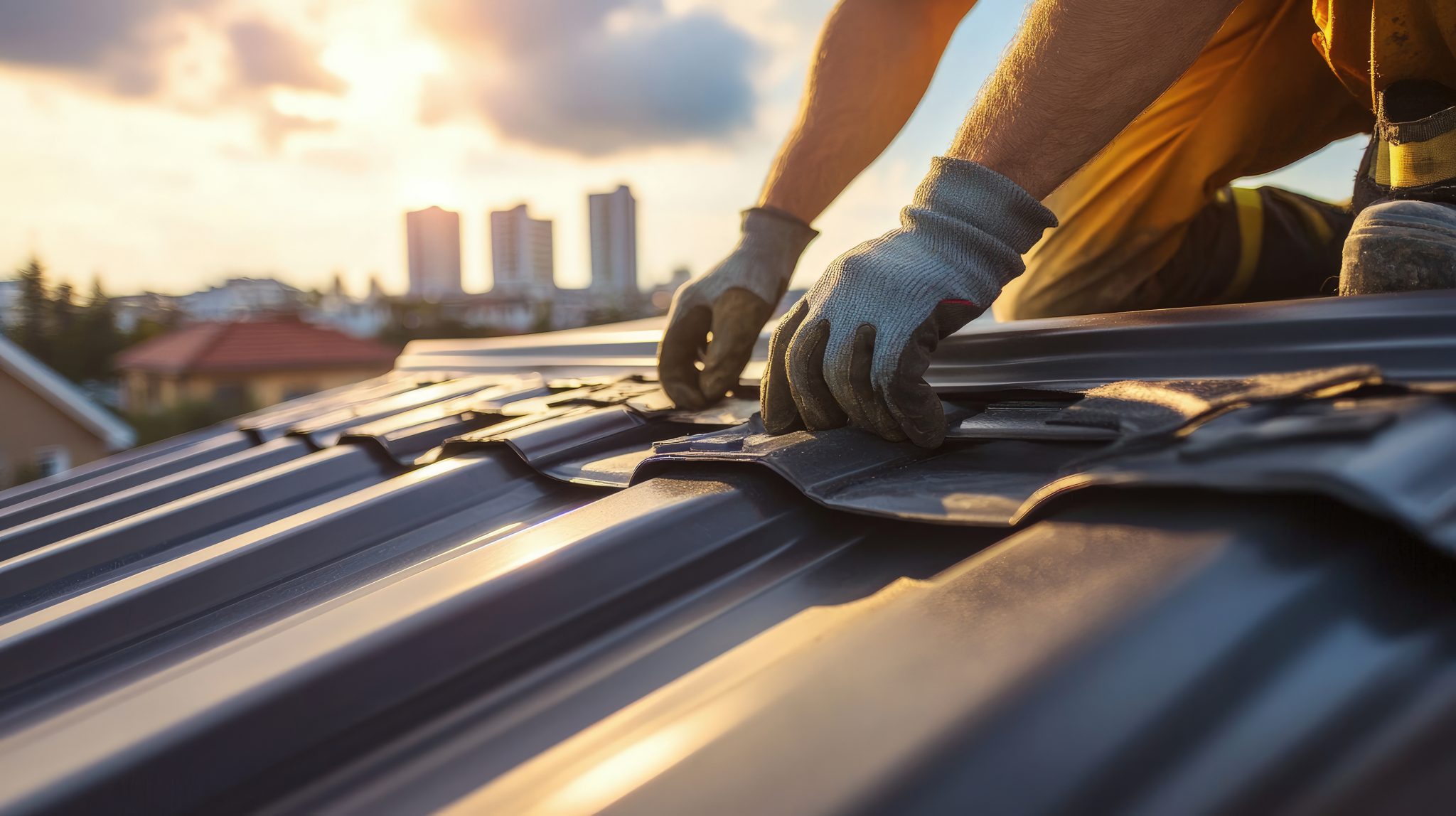 Close up photograph features a roofer wearing protective gloves aligning panels atop a metal rooftop while a golden sunset illuminates the city skyline in the background.